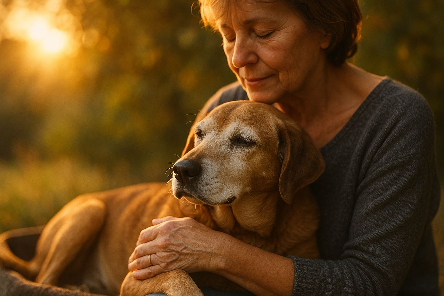 Alter Hund im warmen Licht, gehalten von Frauchen